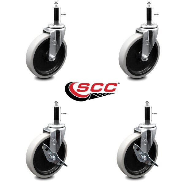 5 Inch Thermoplastic Wheel 3/5 Inch Expanding Stem Caster Set with 2 Brakes